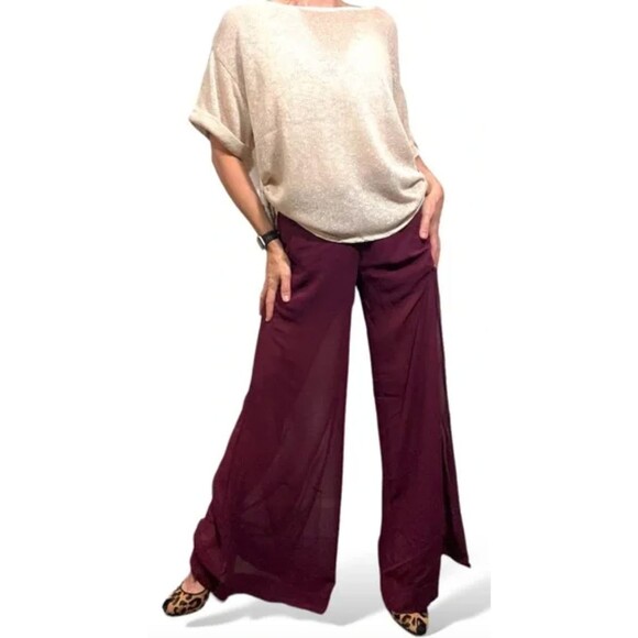 UNIQ Sheer Burgundy Pants w/ Built In Shorts Extra Wide Leg Elastic Waist Sz. M - Picture 1 of 10